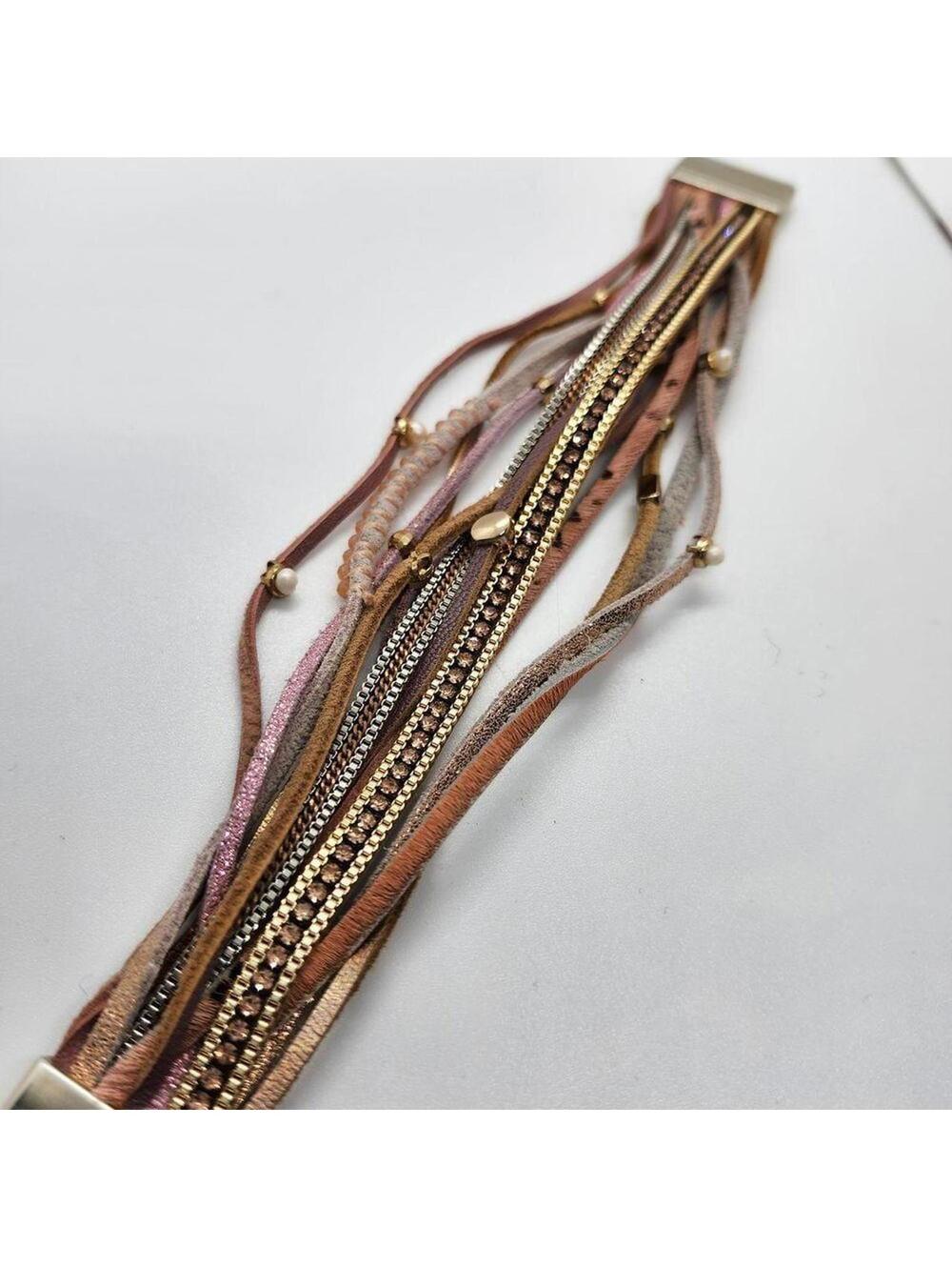 Boho Multi-Strand Leather Bracelet with Crystal Rhinestones and Gold Beads